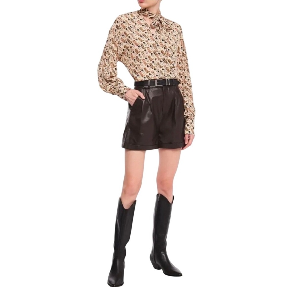 Sandro Western Cowboy Boot Print Secretary Tie Neck Blouse Tan Beige 2 / Medium